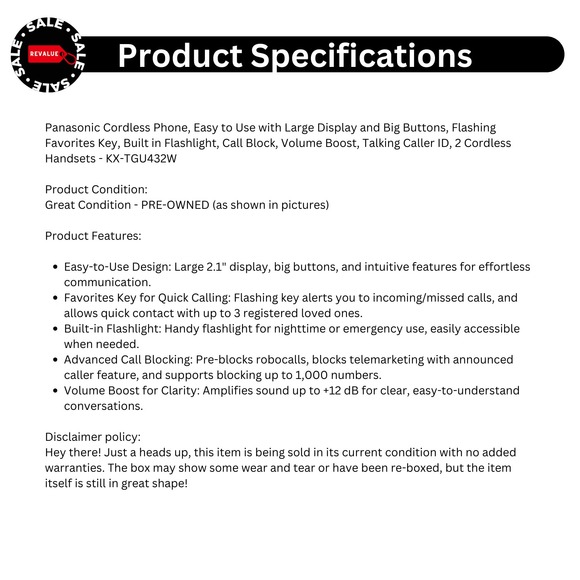 Panasonic Cordless 2 Phone  Large Display‎ & Big Buttons Caller ID KX-TGU432W - Picture 2 of 14